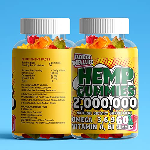 Hemp Gummies 20X - Natural High Potency Vitamin Gummies by ADDOT WellLife - Vegan Hemp Oil Infused Gummy - (2 Bottles 120 Gummies, Original 20X)
