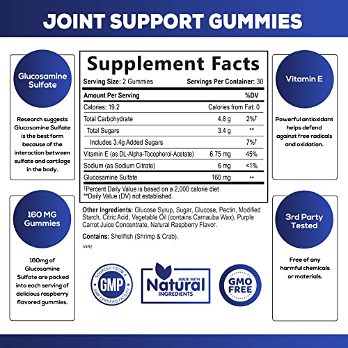 Joint Support Gummies Extra Strength Glucosamine & Vitamin E - Natural Joint & Flexibility Support Gummy - Best Cartilage & Immune Health Support Supplement for Women & Men - 60 Gummies