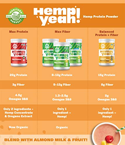 Manitoba Harvest Hemp Yeah! Organic Max with 13 g Fiber & 13 g Protein Powder, Unsweetened, 2.5 g Omegas 3&6 per Serving, Keto-Friendly, 16 Oz