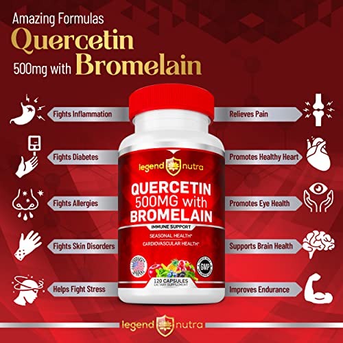 Quercetin 500mg with Bromelain, 120 Vegetable Capsules, Immune System Support Supplement, Seasonal Health, Cardiovascular Health by Legend Nutra