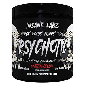 Insane Labz Psychotic Black Edition Mid Stimulant Pre Workout Powder, Energy Focus Pumps, Loaded with Creatine Beta Alanine Taurine Fueled by AMPiberry, 35 Servings Watermelon