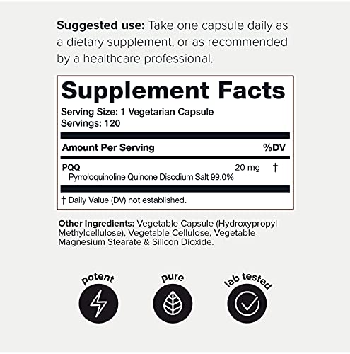 Ultra High Purity PQQ Capsules - 99%+ Highly Purified and Highly Bioavailable -120 Capsules - 20mg Concentrated Formula - Pyrroloquinoline Quinone Supplement
