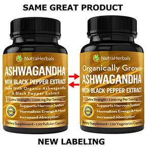 Ashwagandha Supplement Made with Organic Ashwaganda Root Powder 1200mg with Black Pepper Extract for Increased Absorption - 120 Pullulan Capsules