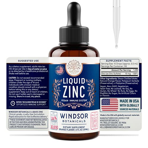 Windsor Botanicals Maximum Strength Vegan Liquid Zinc Sulphate - Ultra-Concentrated, Rapidly Absorbed Ionic Zinc - Clinical-Grade, Vegan Mineral Formula - 2 oz