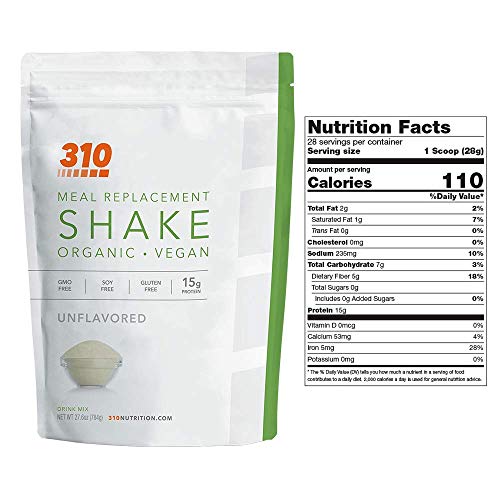 Vegan Organic Plant Protein Powder and Meal Replacement Shake - By 310 Nutrition - Gluten, Dairy and Soy Free - 0g of Sugar | Keto and Paleo Friendly… (Unflavored, 28 Servings)