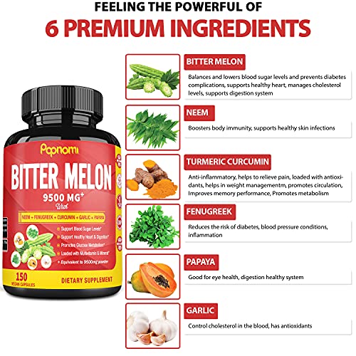 Bitter Melon Extract Capsules equivalent to 9500mg & Neem, Fenugreek, Curcumin, Garlic, Papaya, 5 Months Supply | Lower Balance Blood Sugar Pressure, Support Digestive |Boots Immune System Supplements