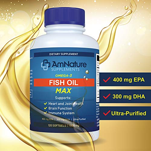 AmNature Supplements Omega 3 Fish Oil 1000mg - Max Strength Heart Health, Brain & Joint Support – Ultra-Purified EPA 400mg, DHA 300mg, Fatty Acids - 120 Softgels