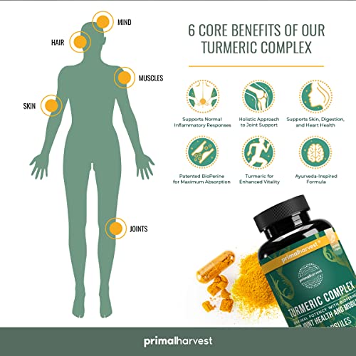 Turmeric Curcumin with Black Pepper (BioPerine) by Primal Harvest, 60 Turmeric Capsules works as Anti Inflammatory Supplement, Joint Supplement, Inflammation supplements - Tumeric Supplements Capsules