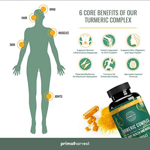 Turmeric Curcumin with Black Pepper (BioPerine) by Primal Harvest, 60 Turmeric Capsules works as Anti Inflammatory Supplement, Joint Supplement, Inflammation supplements - Tumeric Supplements Capsules