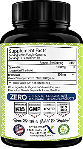 Quercetin 1000mg + Bromelain 300mg per Serving- Quercetin with Bromelain Supplement Complex for Cardiovascular Health, Respiratory System Support, Immune Function & Allergy Support-120 Veggie Capsules