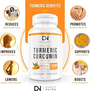 Turmeric Curcumin Supplement with BioPerine (Black Pepper Extract) and C3 Complex - Anti-Inflammatory & Joint Support - Max Strength 95% Curcuminoids - 120 Veggie Capsules (2 Month Supply)
