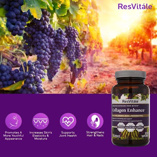 ResVitale Collagen Enhance Anti Aging Skin Care Collagen Supplement - Hydrolyzed Collagen Peptides with Hyaluronic Acid and Resveratrol - Skin Food & Joint Support Collagen Capsules, 1000mg, 120 Caps