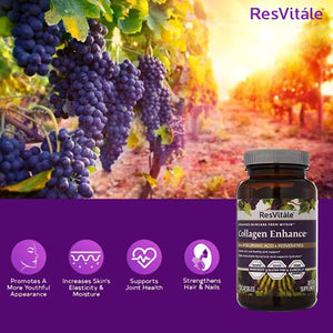 ResVitale Collagen Enhance Anti Aging Skin Care Collagen Supplement - Hydrolyzed Collagen Peptides with Hyaluronic Acid and Resveratrol - Skin Food & Joint Support Collagen Capsules, 1000mg, 120 Caps