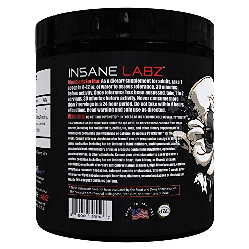 Insane Labz Psychotic Black Edition Mid Stimulant Pre Workout Powder, Energy Focus Pumps, Loaded with Creatine Beta Alanine Taurine Fueled by AMPiberry, 35 Servings Watermelon