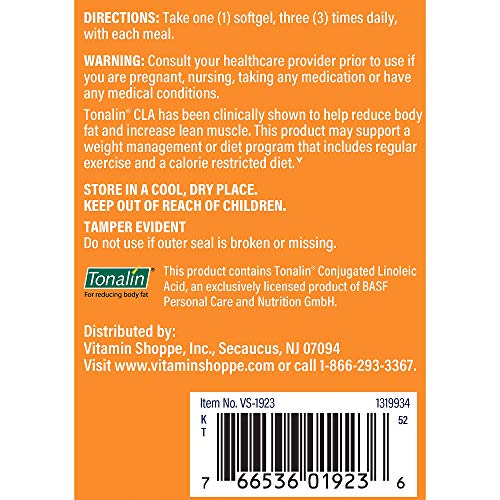 Tonalin CLA 1000mg Softgel, Conjugated Linoleic Acid 740mg from Safflower Seeds Supports Reduction of Body Fat, Stimulant Free, Gluten Free (180 Softgels) by The Vitamin Shoppe