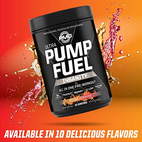 PMD Sports Ultra Pump Fuel Insanity - Pre Workout Drink Mix for Energy, Strength, Endurance, Muscle Pumps and Recovery - Complex Carbohydrates and Amino Energy - Miami Sunrise (30 Servings)