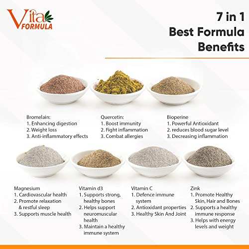 VITA FORMULA Quercetin with Bromelain Supplement, 500mg Vitamin C, Zinc, D3, Magnesium, BioPerine, Extra Strength Immune Support Joint and Respiratory Health Capsules, 120-Ct.