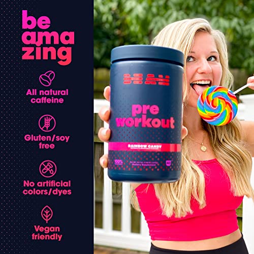 BEAM Be Amazing - Vegan Pre-Workout Powder, All-Natural Caffeine, Gluten-Free Energy Booster Powdered Drink with Adaptogens, No Crash, No Jitters, Rainbow Candy, 40 Scoops