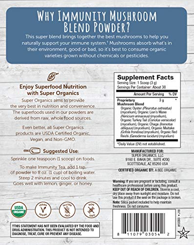 Super Organics Immunity Mushroom Blend | Turkey Tail, Lion’s Mane, Chaga & More | Organic Superfood Powder | Raw Superfoods | Whole Food Supplement – Gluten-Free, Vegan & Non-GMO, 4 oz