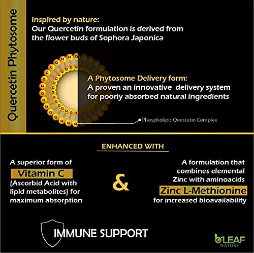 Quercetin Phytosome Vitamin C and Zinc Capsules - Super Absorption – Immune Support Complex – Respiratory and Cardiovascular Health - 1000mg per Serving - 120 Vegetarian caps by B’Leaf Nature