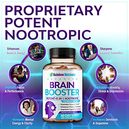 41 in 1 Brain Booster Supplement for Focus, Memory, Clarity, Energy, Concentration | Natural Nootropics Brain Support Supplement with DMAE, Bacopa Monnieri & More | for Men & Women | 120 V Capsules