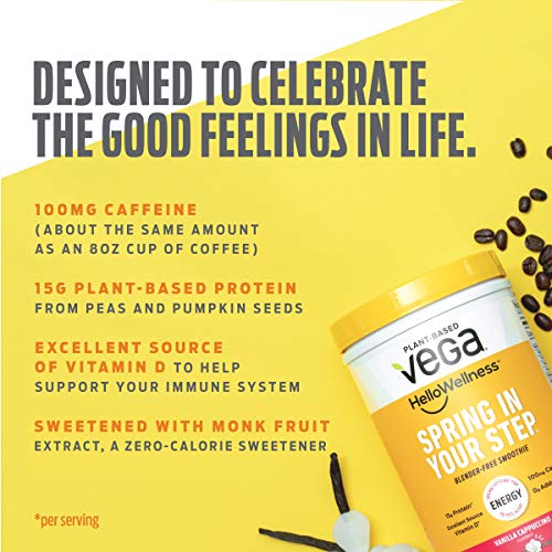 Vega Hello Wellness Spring in Your Step Blender Free Smoothie 14 Servings oz Plant Based Vegan Protein Powder 100mg Caffeine Vitamin D, Energy - Vanilla Cappuccino, 13.8 Ounce
