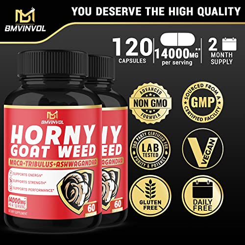 (2 Packs) Horny Goat Weed Capsules, 14000mg Herbal Equivalent with Maca, Tribulus, Ginseng - Performance and Energy Support - 120 Capsules