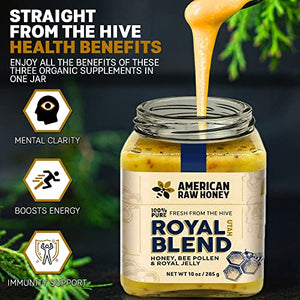 American Raw Honey - Royal Blend - Raw Honey with Royal Jelly and Bee Pollen, Full of Antioxidants and Essential Nutrients (10 oz. / 285g) - Energizing, Hormone Support, Immunity