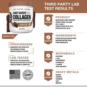 Honey Badger Collagen Peptides Powder | Keto Chocolate Cake Grass Fed Hydrolyzed Collagen Protein Coffee Creamer | Gluten Free, Natural, Non-GMO, Paleo | Skin, Hair, Nail, Joint Health, 30 Servings