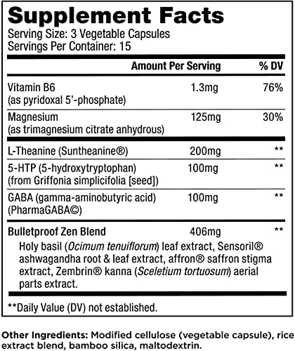 Zen Mode, 45 Capsules, with Vitamin B6, Magnesium, L-Theanine, 5-HTP, GABA, Holy Basil & Ashwagandha, Bulletproof Supplement for Stress & Anxiety Support, Boosts Serotonin for Calm Mood & Relaxation