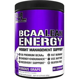 Evlution Nutrition BCAA Lean Energy - Essential BCAA Amino Acids + Vitamin C, Fat Burning & Natural Energy, Performance, Immune Support, Lean Muscle, Recovery, Pre Workout, 30 Serve, Furious Grape