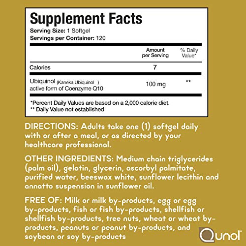 Qunol 100mg Ubiquinol, Powerful Antioxidant for Heart & Vascular Health, Essential for Energy Production, Natural Supplement Active Form of Coq10, 120 Count