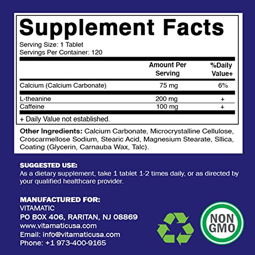 Vitamatic L-Theanine 200mg with Caffeine 100mg 120 Vegetarian Tablets - Nootropic Supplement for Focused Energy