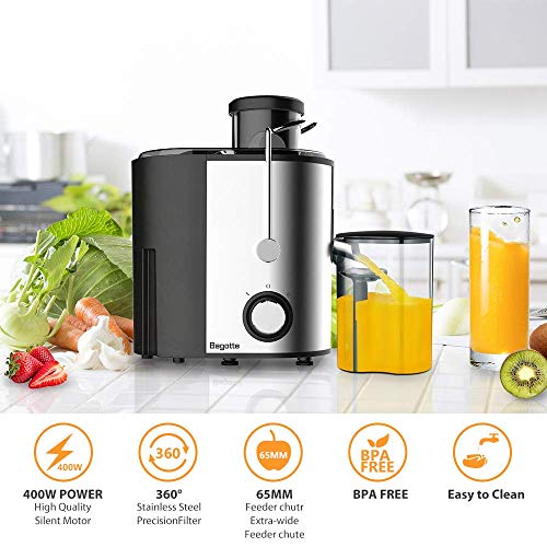 Bagotte Compact Juice Extractor Fruit and Vegetable Juice Machine Wide Mouth Centrifugal Juicer, Easy Clean Juicer, Stainless Steel, Dual-Speed, 400w, BPA-Free (Renewed)