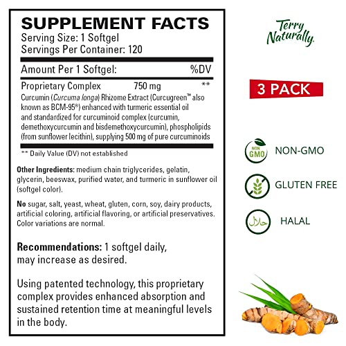 Terry Naturally CuraMed 750 mg ( 3 Pack ) - 120 Softgels - Superior Absorption BCM-95 Curcumin Supplement , Promotes Healthy Inflammation Response - Non-GMO , Gluten-Free , Halal - 360 Total Servings