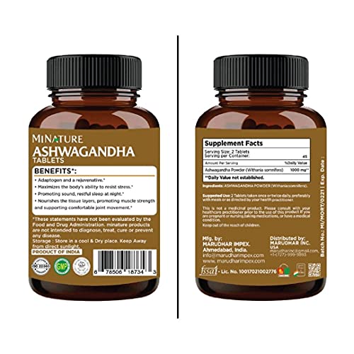 Ashwagandha Tablets- 90 Tablets, 1000 mg by mi Nature | 45 Days Supply |100% Natural Ashwagandha | Vegan | Stress & Mood Tablets | Healthy Immunity | Herbal Tablets | from India