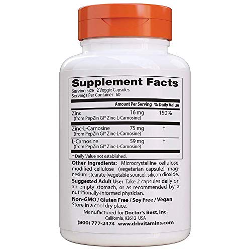 Doctor's Best PepZin GI, Zinc-L-Carnosine Complex, Non-GMO, Vegan, Gluten Free, Soy Free, Digestive Support, 120 Veggie Caps