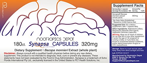 Synapsa Bacopa Monnieri Capsules | 320mg | 180 Count | Whole Plant Extract | Ayurvedic Herb | Adaptogen Supplement | Clinically Proven to Enhance Learning, Memory and Mental Performance