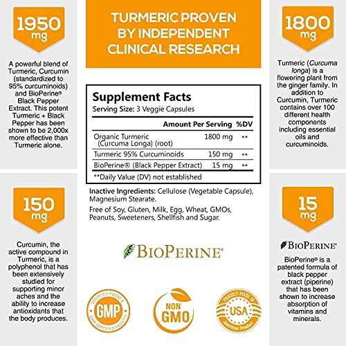 Turmeric Curcumin Highest Potency 95% Curcuminoids 1950mg with BioPerine Black Pepper for Ultra High Absorption, Made in USA, Best Vegan Joint Support by Natures Nutrition - 60 Capsules