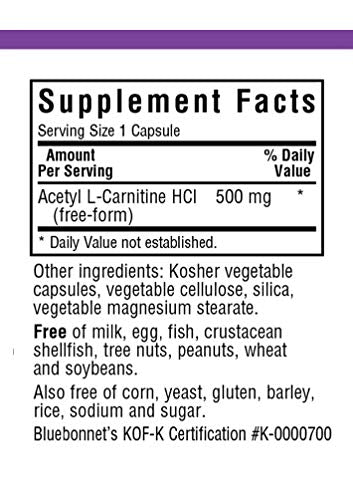 Bluebonnet Nutrition Acetyl L-Carnitine, Transports Fatty Acids, Boosts Cellular Energy, Soy & Gluten-Free, Kosher Certified, Vegan, 30 Vegetable Capsules, White, 500mg