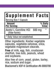 Bluebonnet Nutrition Acetyl L-Carnitine, Transports Fatty Acids, Boosts Cellular Energy, Soy & Gluten-Free, Kosher Certified, Vegan, 30 Vegetable Capsules, White, 500mg