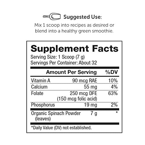 Super Organics Spinach Powder | Excellent Source of Folate – Vegan, Gluten-Free & Non-GMO, 8 Oz