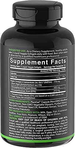 Vegan Omega-3 Fish Oil Alternative sourced from Algae Oil | Highest Levels of Vegan DHA & EPA Fatty Acids | Non-GMO Verified & Vegan Certified - 60 Veggie Softgels (Carrageenan Free)