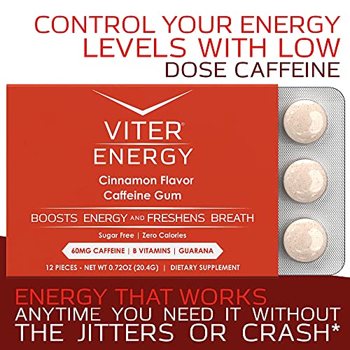 Viter Energy Caffeinated Gum - 60mg Caffeine, B Vitamins, Guarana, Sugar Free Vegan Chewing Gum. Zero Calories. Performance Nootropic Chews for Powerful Energizing Focused Boost (Cinnamon, 6 Pack)