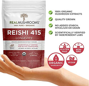 Real Mushroom Reishi Mushroom Powder for Longevity (45 Servings) Vegan, Organic, Non-GMO Reishi Extract, Reishi Mushroom Supplement for Relaxation, Better Sleep, Overall Wellness, Safe for Pets