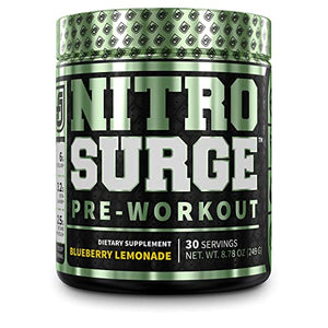 NITROSURGE Pre Workout Supplement - Endless Energy, Instant Strength Gains, Clear Focus, Intense Pumps - Nitric Oxide Booster & Powerful Preworkout Energy Powder - 30 Servings, Blueberry Lemonade