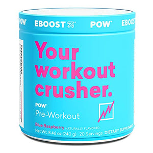 EBOOST POW Natural Pre-Workout – 20 Servings – Blue Raspberry - Pre Workout Supplement for Performance, Energy, Focus - Men Women - Non-GMO, Gluten-Free, No Creatine