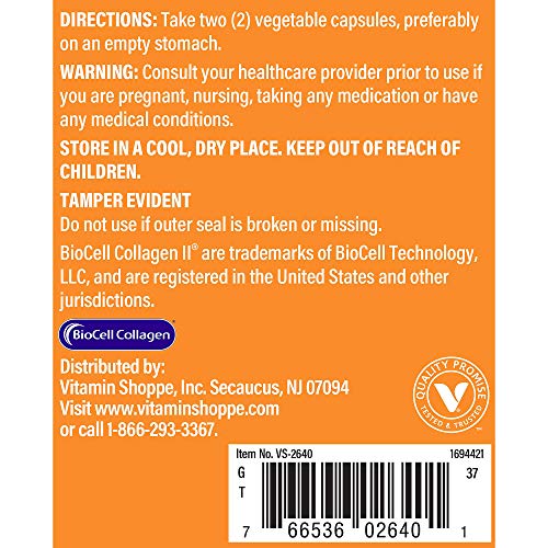 The Vitamin Shoppe Biocell Collagen II with Hyaluronic Acid 1000mg, Supports Skin and Joint Health, Promotes Joint Comfort and Stimulates Cartilage Producing Cells (60 Vegetable Capsules)
