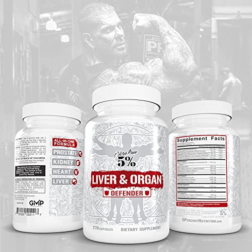 Rich Piana 5% Nutrition Liver & Organ Defender, Cycle Support for Bodybuilding | Heart, Prostate, Kidney, Skin | L-Cysteine HCL, Milk Thistle, L-Glutathione, ALA, CoQ10, Zinc, 270 Pills (30d Supply)