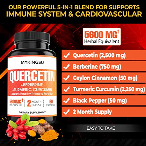 Quercetin Capsules with Berberine, Turmeric Curcumin - 5600mg Per Capsule - Supports Cardiovascular Health, Immune System - 60 Capsules - 2 Month Supply